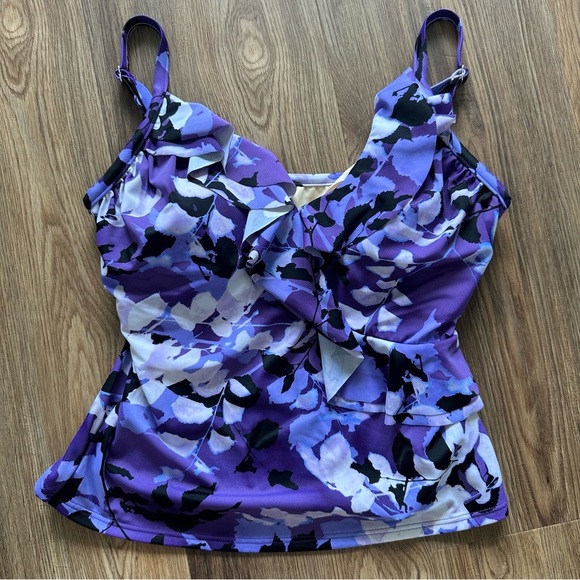 Trimshaper Tankini Top 12 Purple Swimsuit Floral Ruffle V-Neckline Slimming Bra - Picture 1 of 8